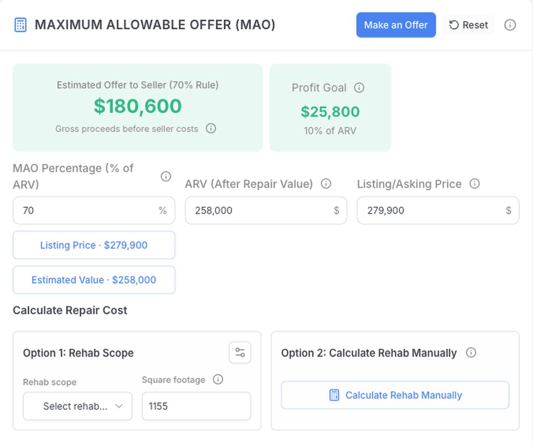 Maximum allowable offer calculator on a sample property