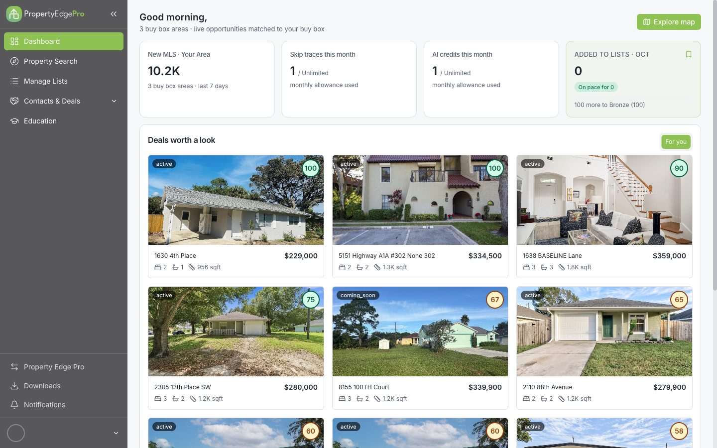 Property Edge Pro dashboard showing buy box stats and matched property listings