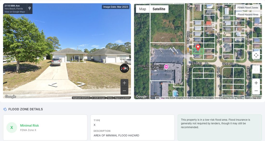 Property map with street view, satellite view and FEMA flood zone details