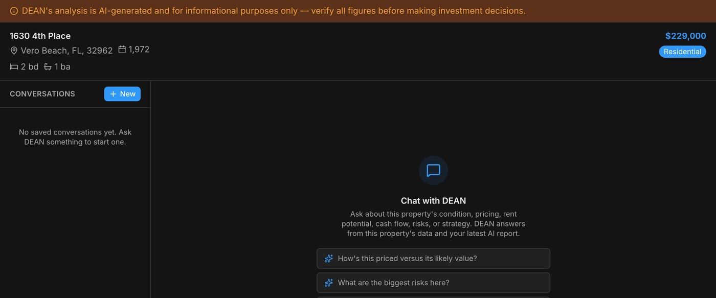 Chat with DEAN about a property, with suggested questions about price, risks, rental cash flow and strategy
