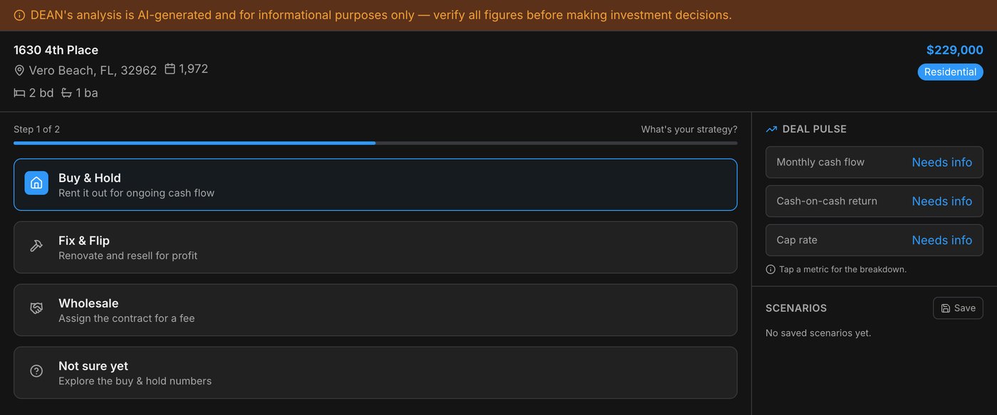 DEAN strategy picker: buy and hold, fix and flip, wholesale, or not sure yet, next to the deal pulse