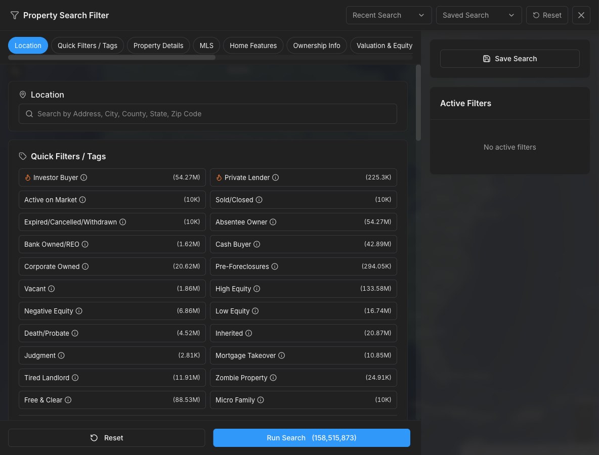 Property search filters with quick tags like absentee owner, pre-foreclosure, high equity and vacant