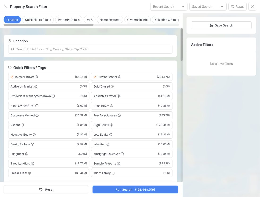 Property search filters with quick tags like absentee owner, pre-foreclosure, high equity and vacant
