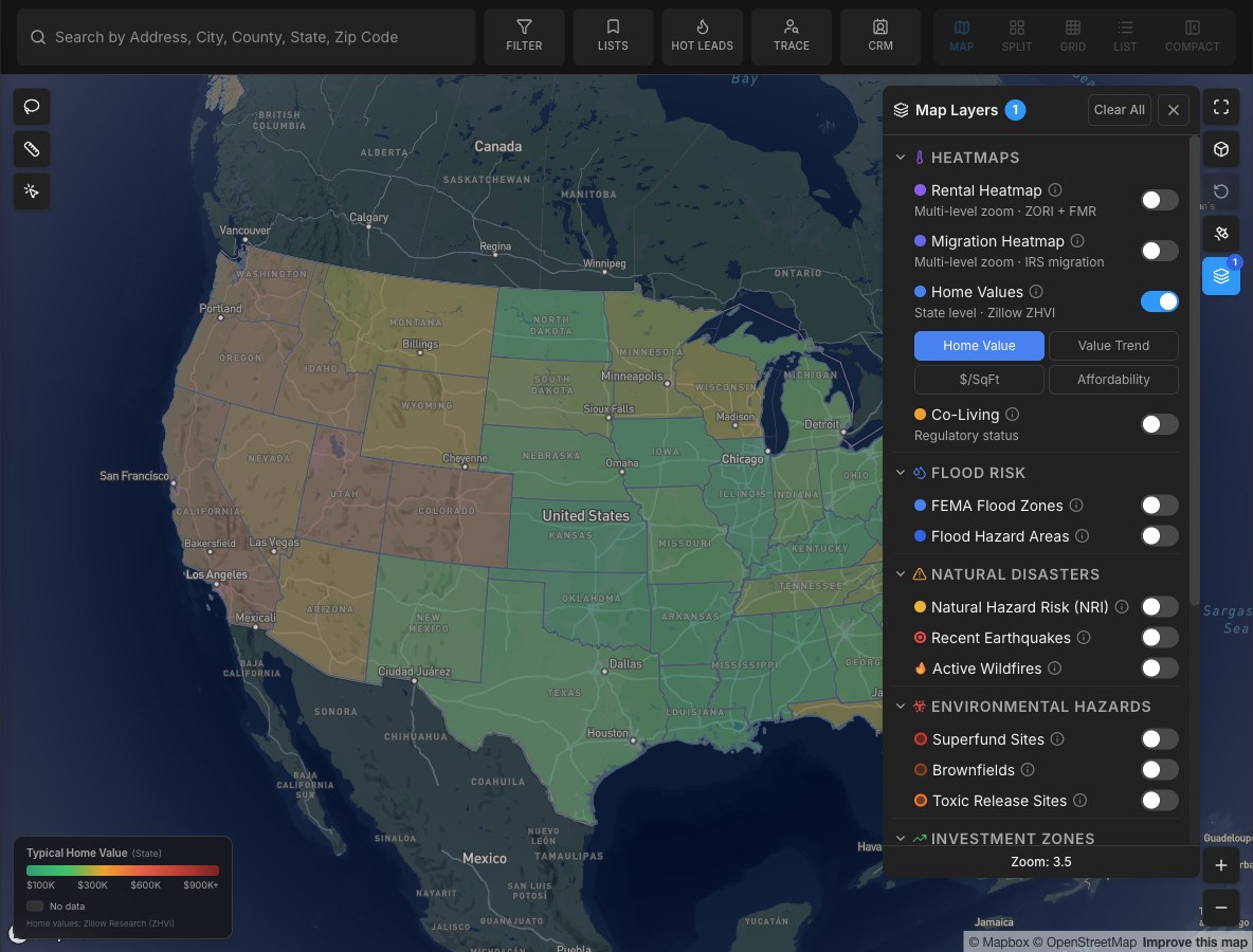 Home values heatmap by state on the Property Edge Pro search map