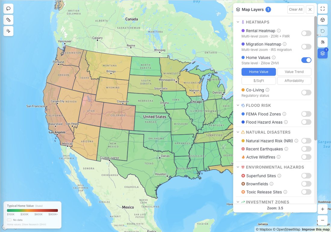 Home values heatmap by state on the Property Edge Pro search map