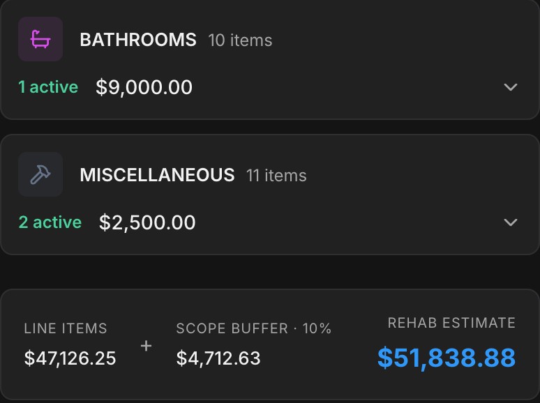 Rehab calculator with line-item categories and a total rehab estimate